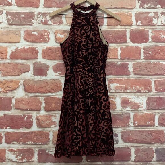 Foreign Exchange Halter Dress Women's Small Burgundy Velvet Velour Burnout - Picture 7 of 9